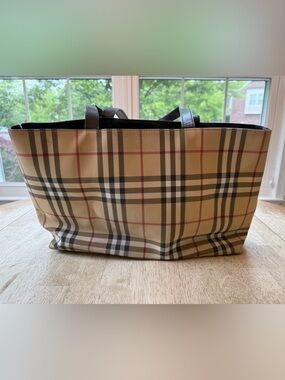 Burberry Classic Plaid Tote Bag in Beige, Black & Red